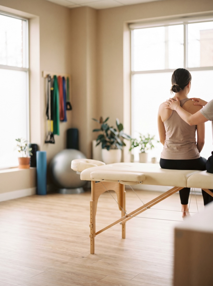 A bright, modern physiotherapy and rehab studio with equipment in soft daylight, capable and clean