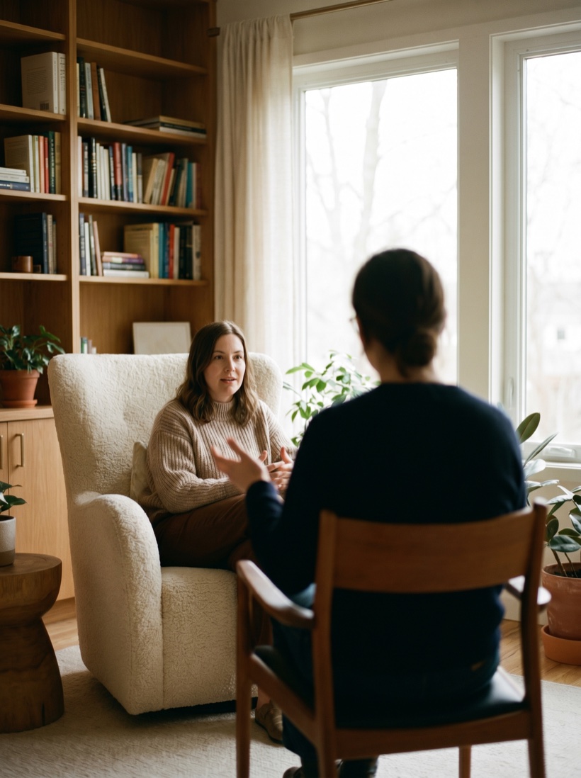 A warm, private therapy room with soft seating and natural daylight, safe and calming