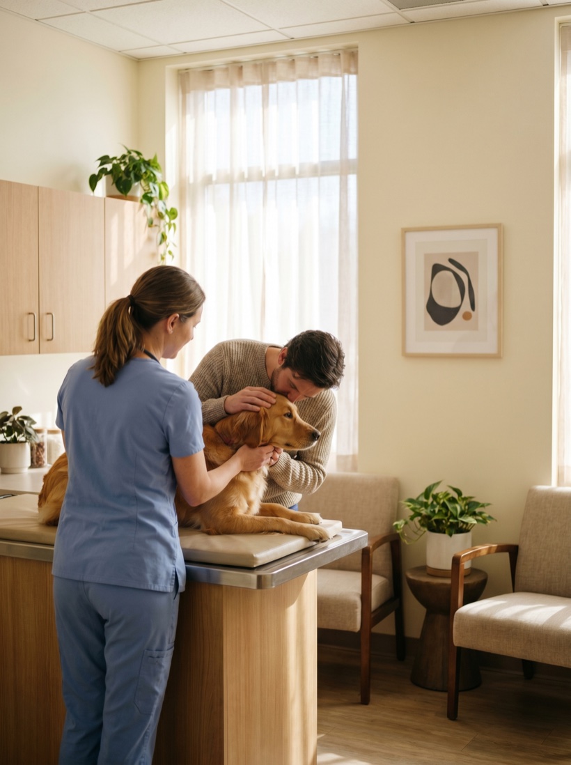A warm, welcoming veterinary practice interior in soft daylight, caring and calm