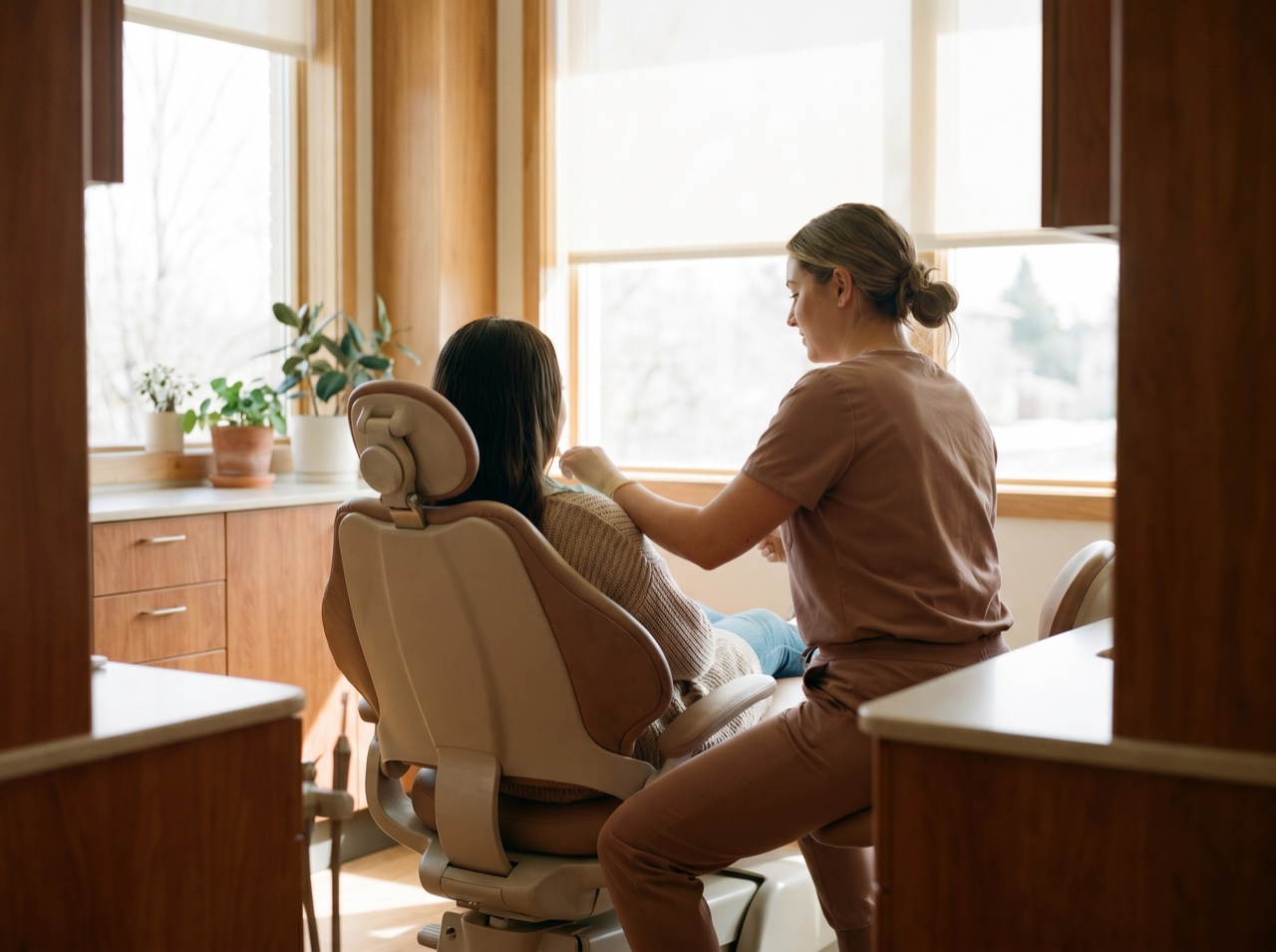 A warm, calm dental treatment room in soft daylight