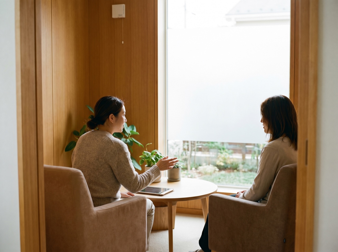 A calm dental consultation area with warm wood