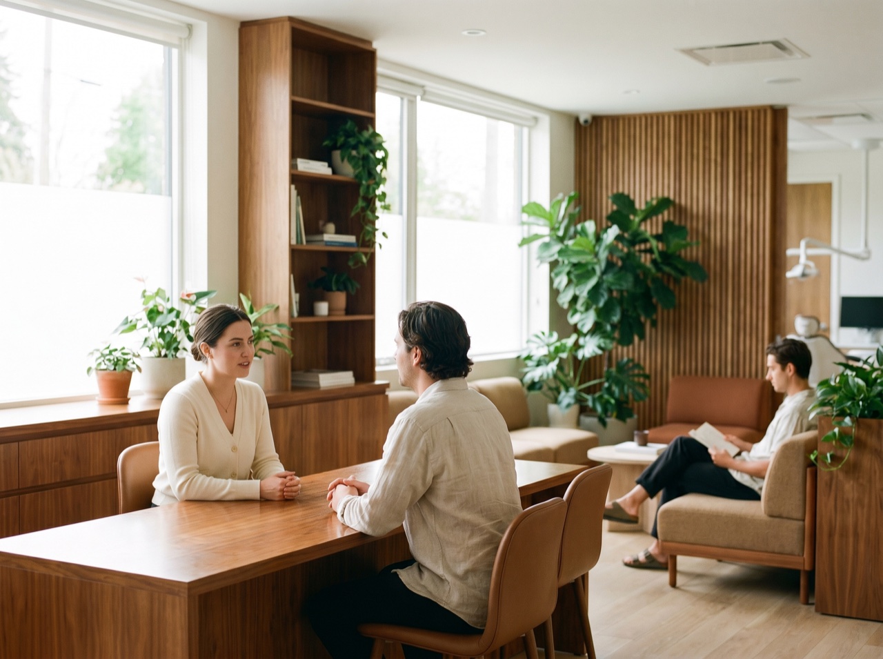 A bright, welcoming dental reception in soft light