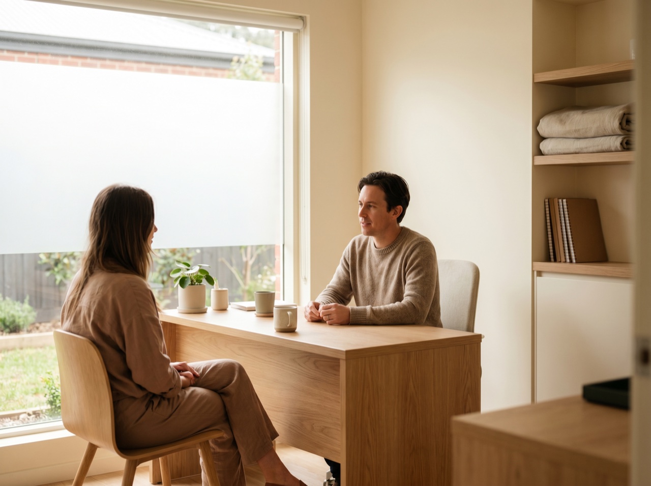 A calm clinic consultation room in soft daylight