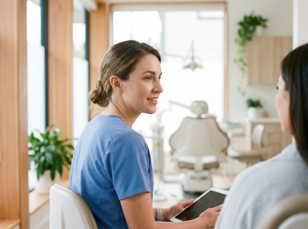 A friendly clinician in a bright, calm clinic