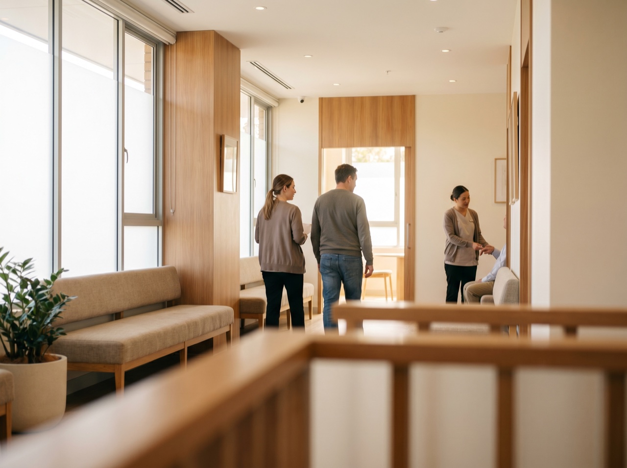 A bright clinic corridor with warm, calm finishes