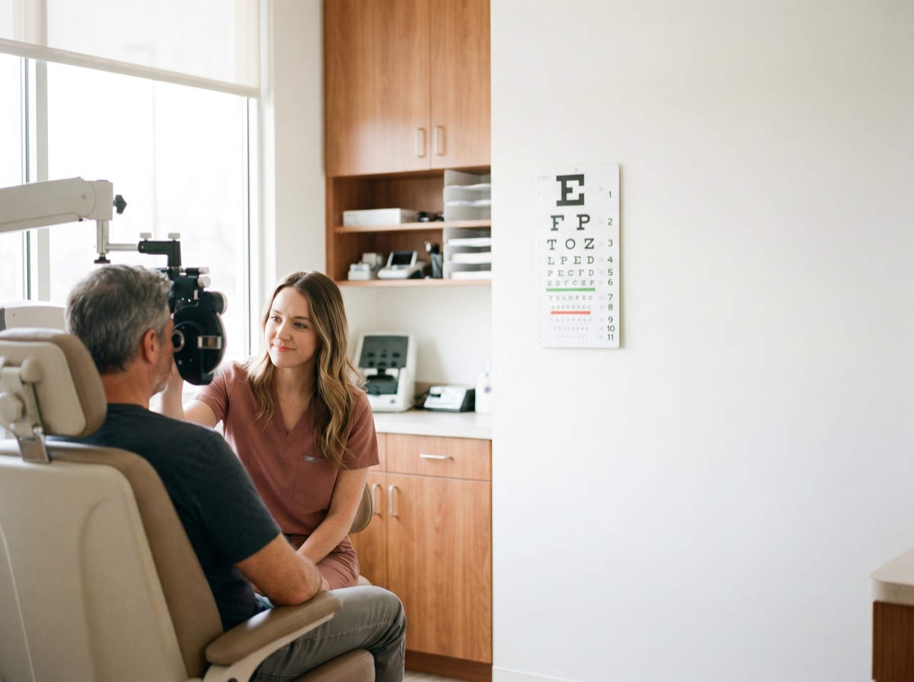 A clean optometry exam room in soft daylight