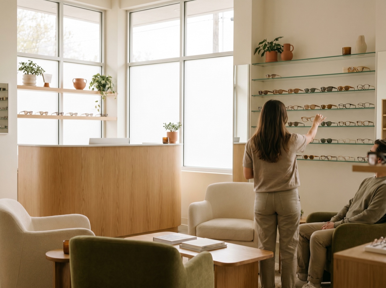 A welcoming optometry reception in soft light