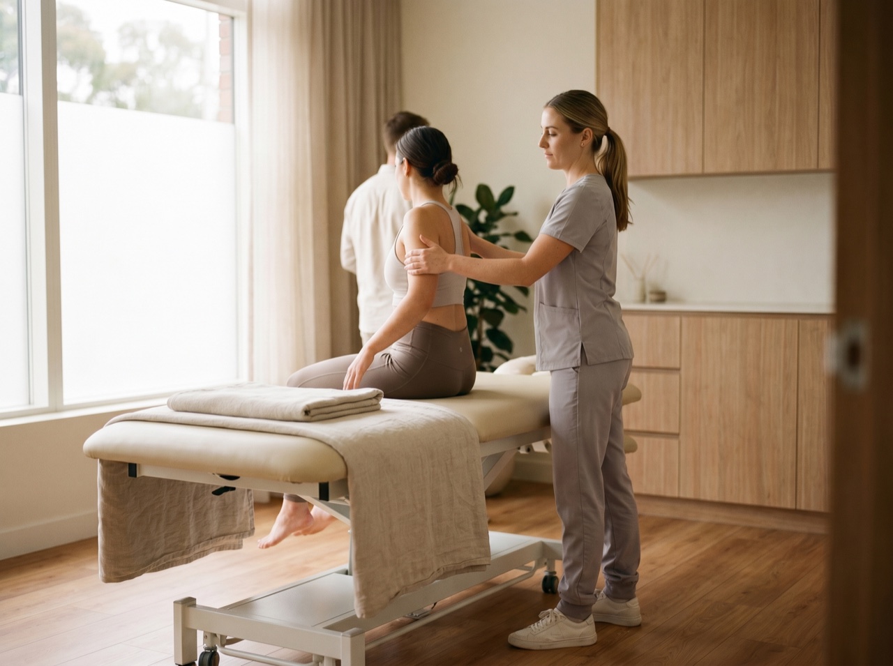 A bright, modern physiotherapy treatment area