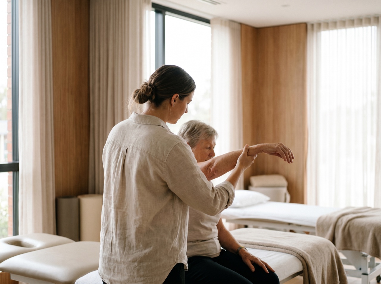 A physiotherapist guiding care in a bright studio