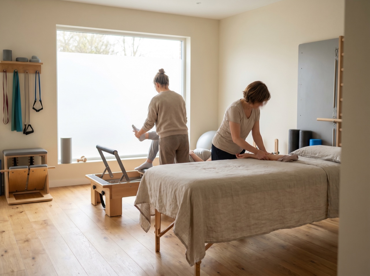 A clean rehab studio with equipment in soft daylight