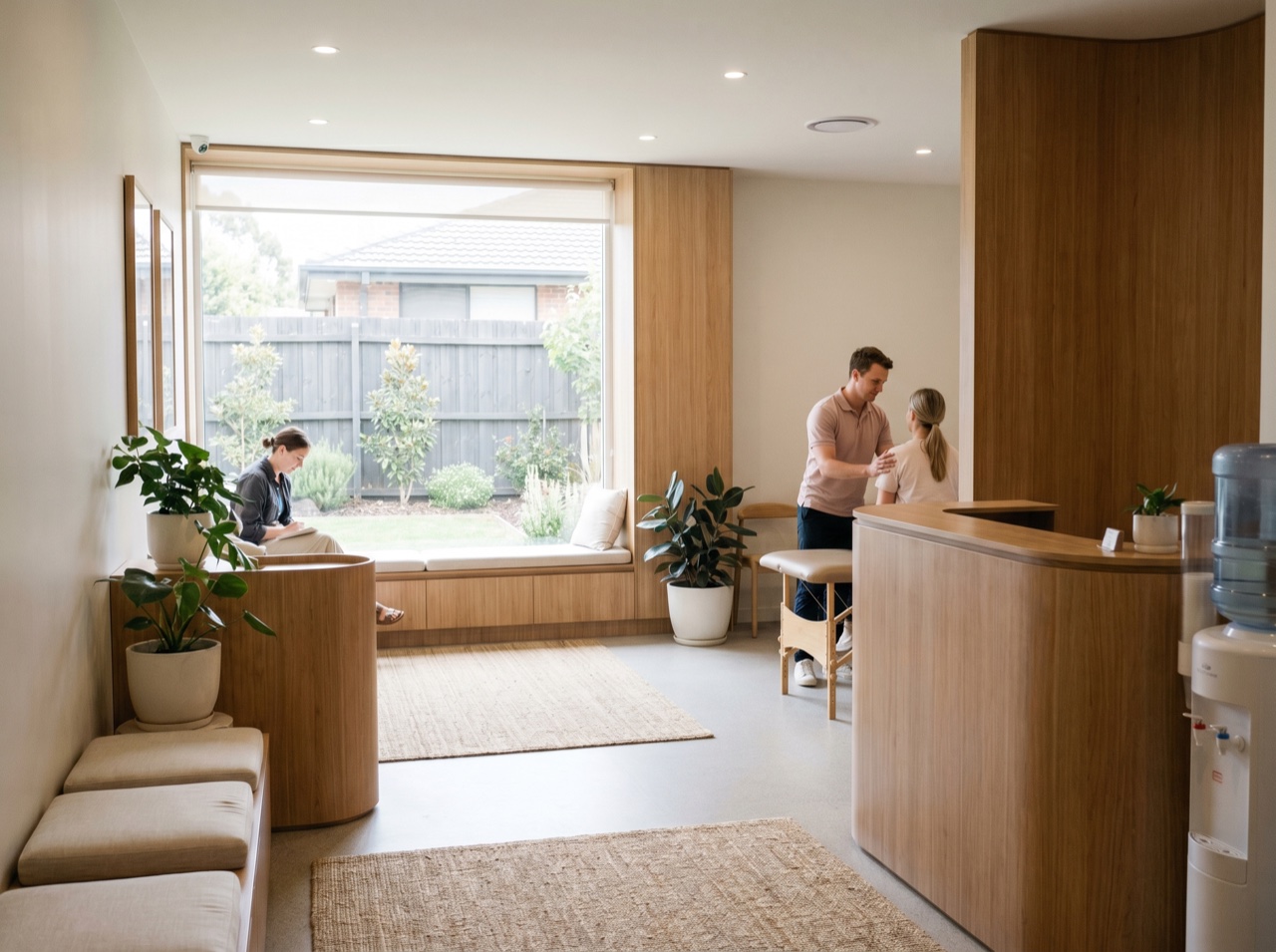 A welcoming physio reception in soft light