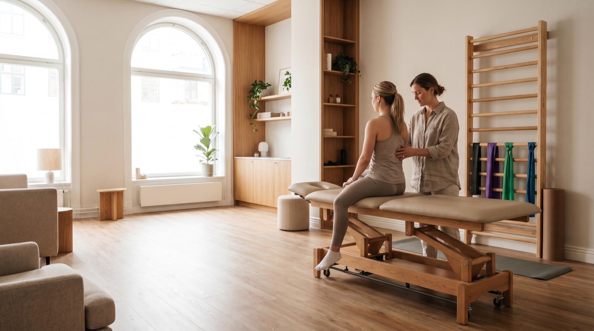 A bright, modern physiotherapy and rehab studio in soft light