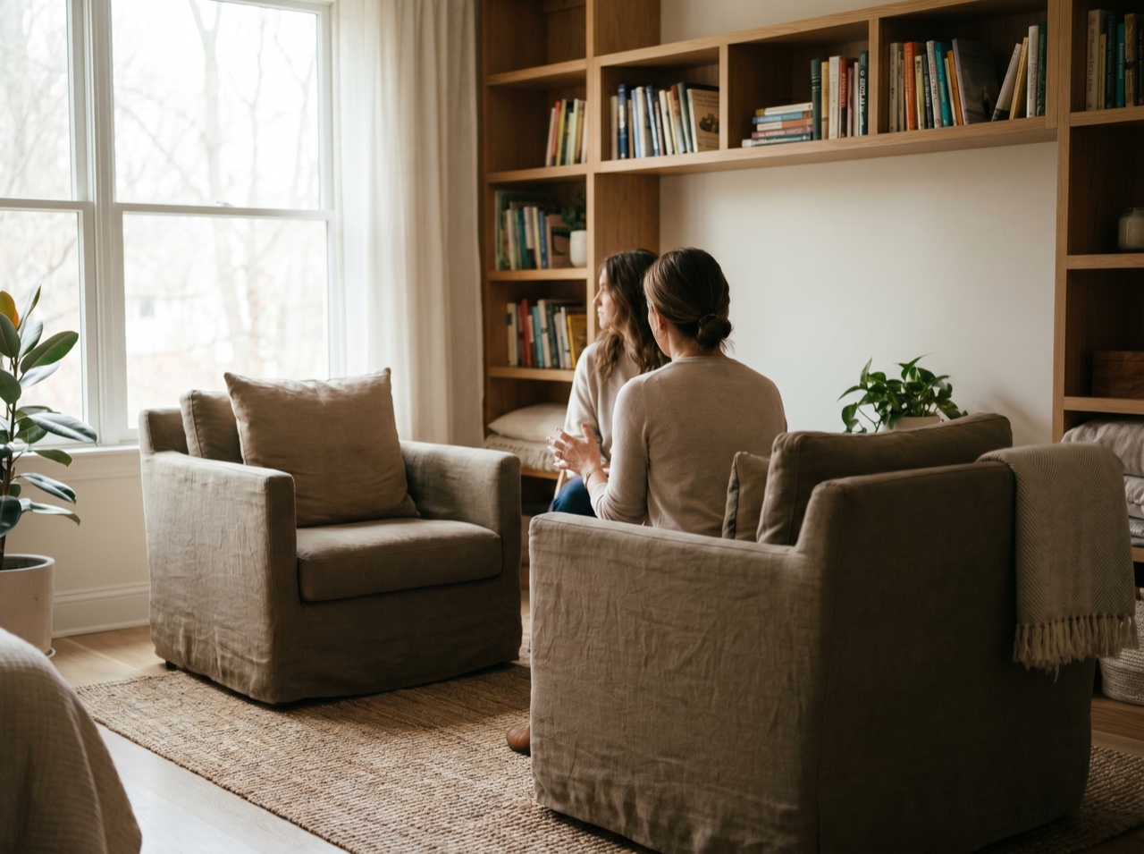 A calm, private therapy room with soft natural light