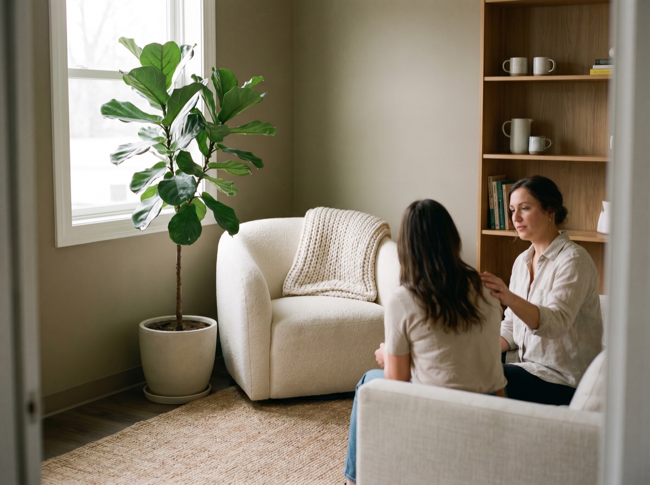 A soft, light-filled corner of a therapy space