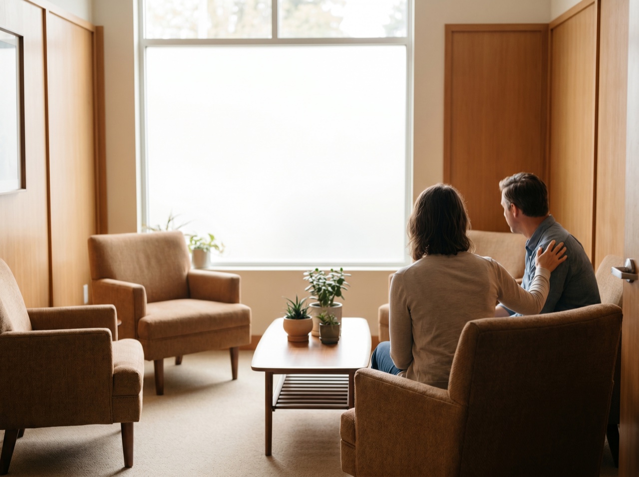 A quiet, reassuring therapy waiting space in soft light