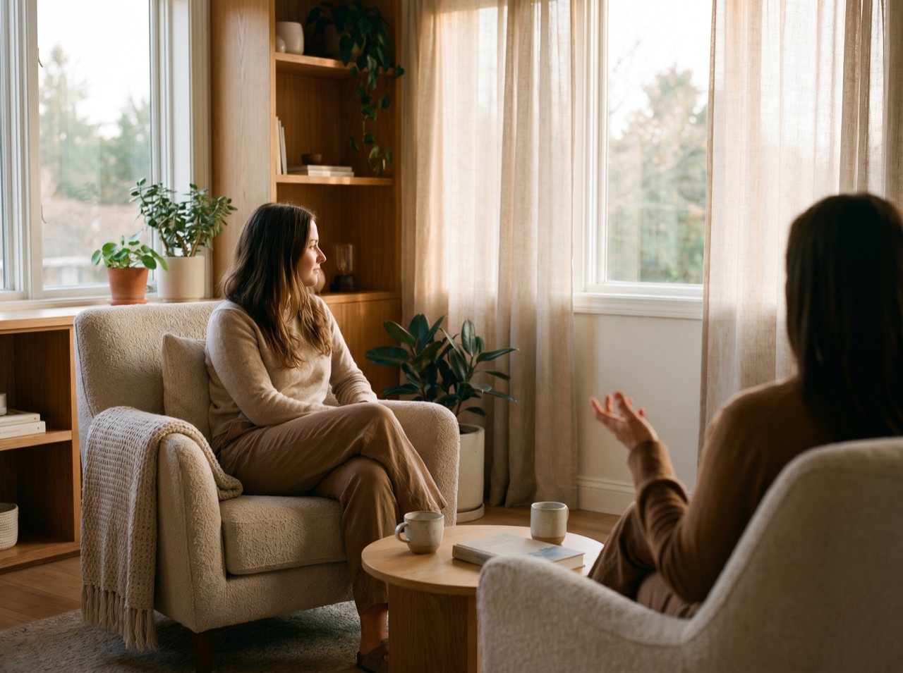 A serene therapy room at golden hour, calm and private