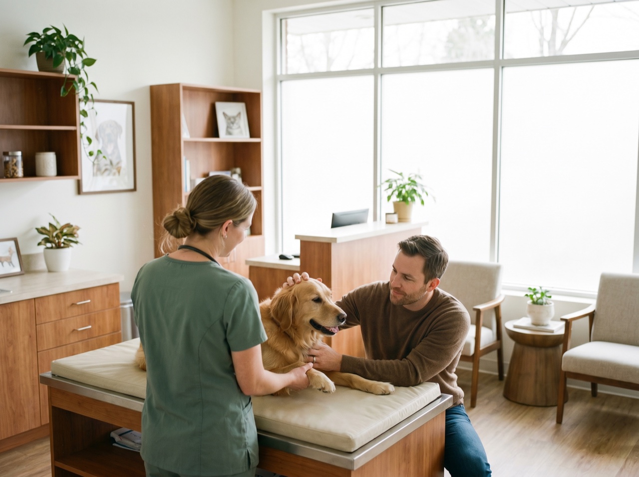 A warm, welcoming veterinary consultation room