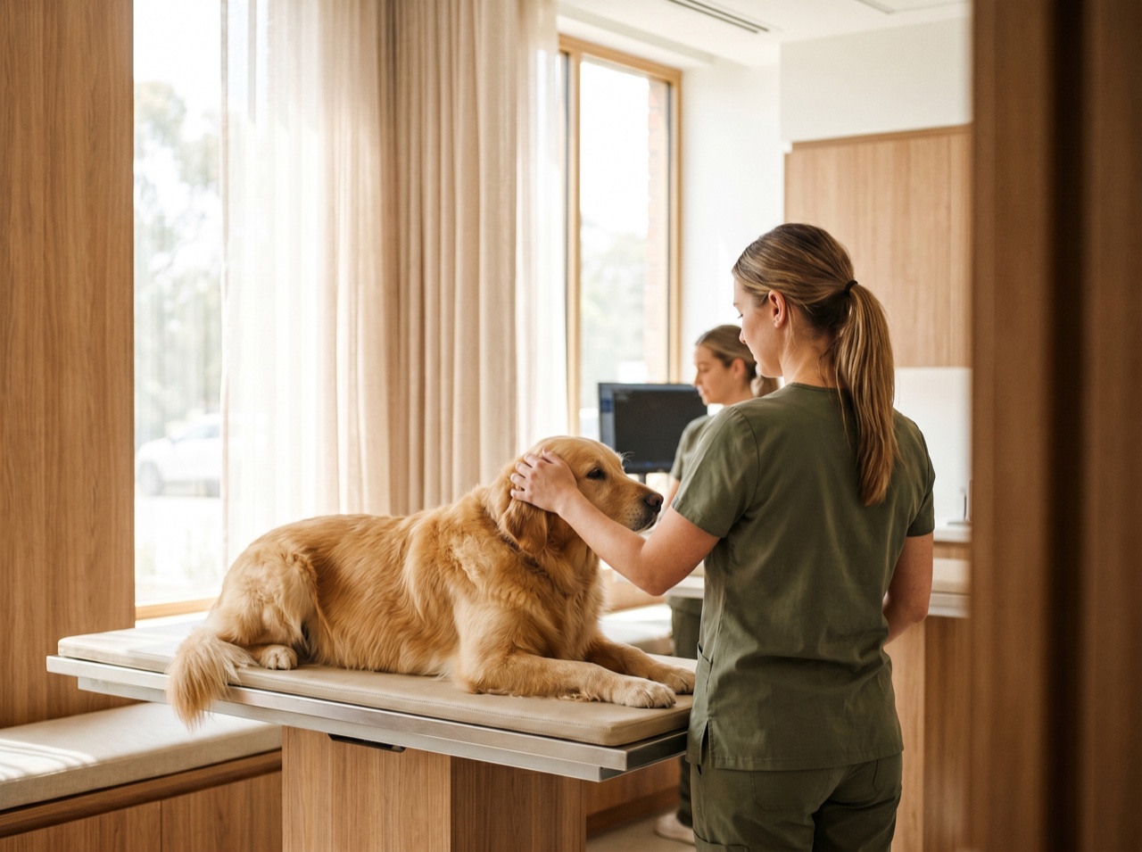 A caring vet team member in a bright practice