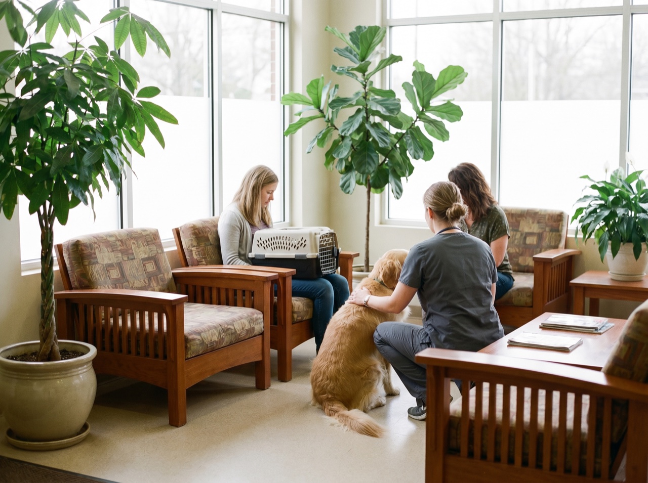 A calm, welcoming veterinary waiting area