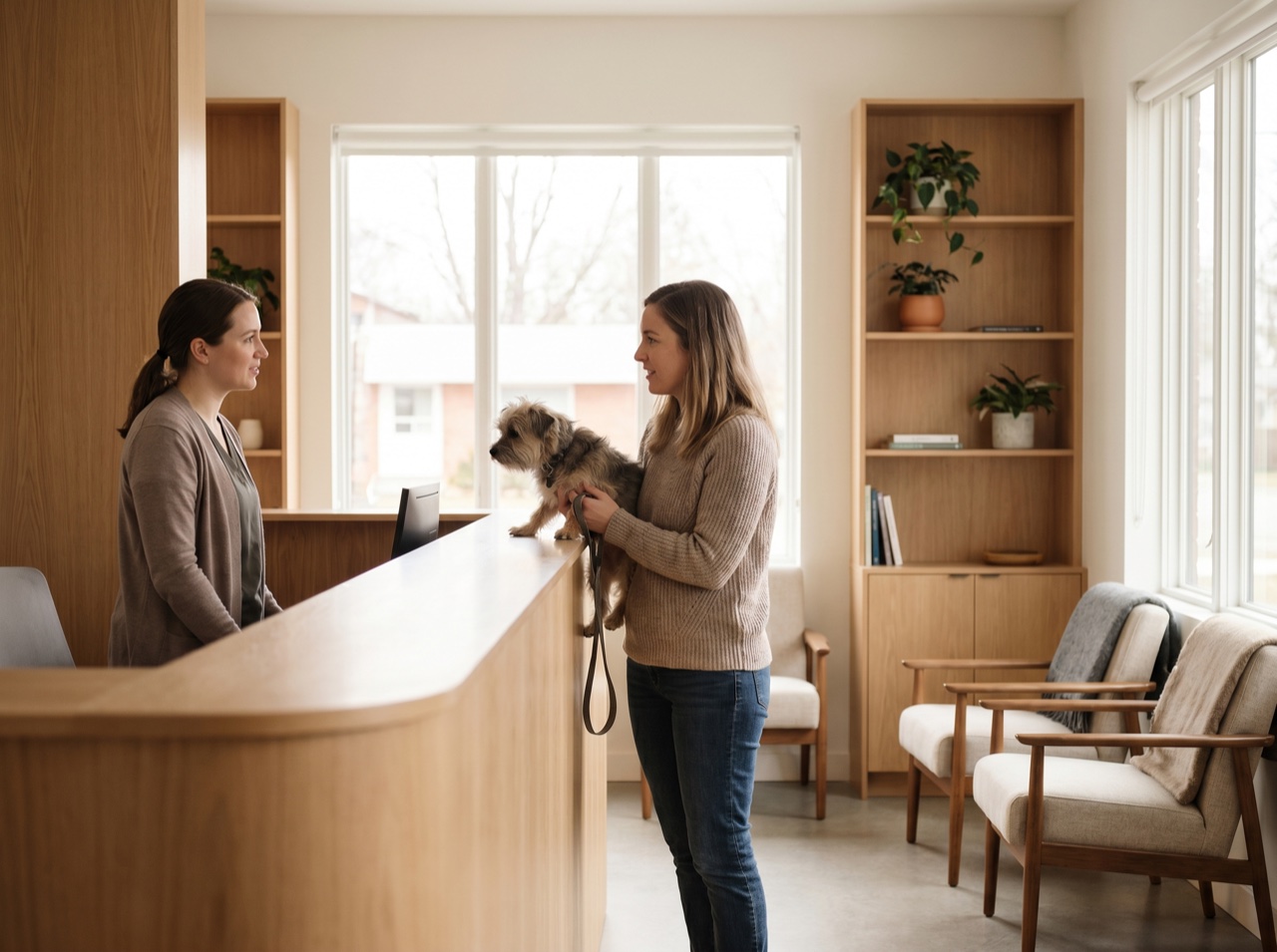 A welcoming veterinary reception in soft light