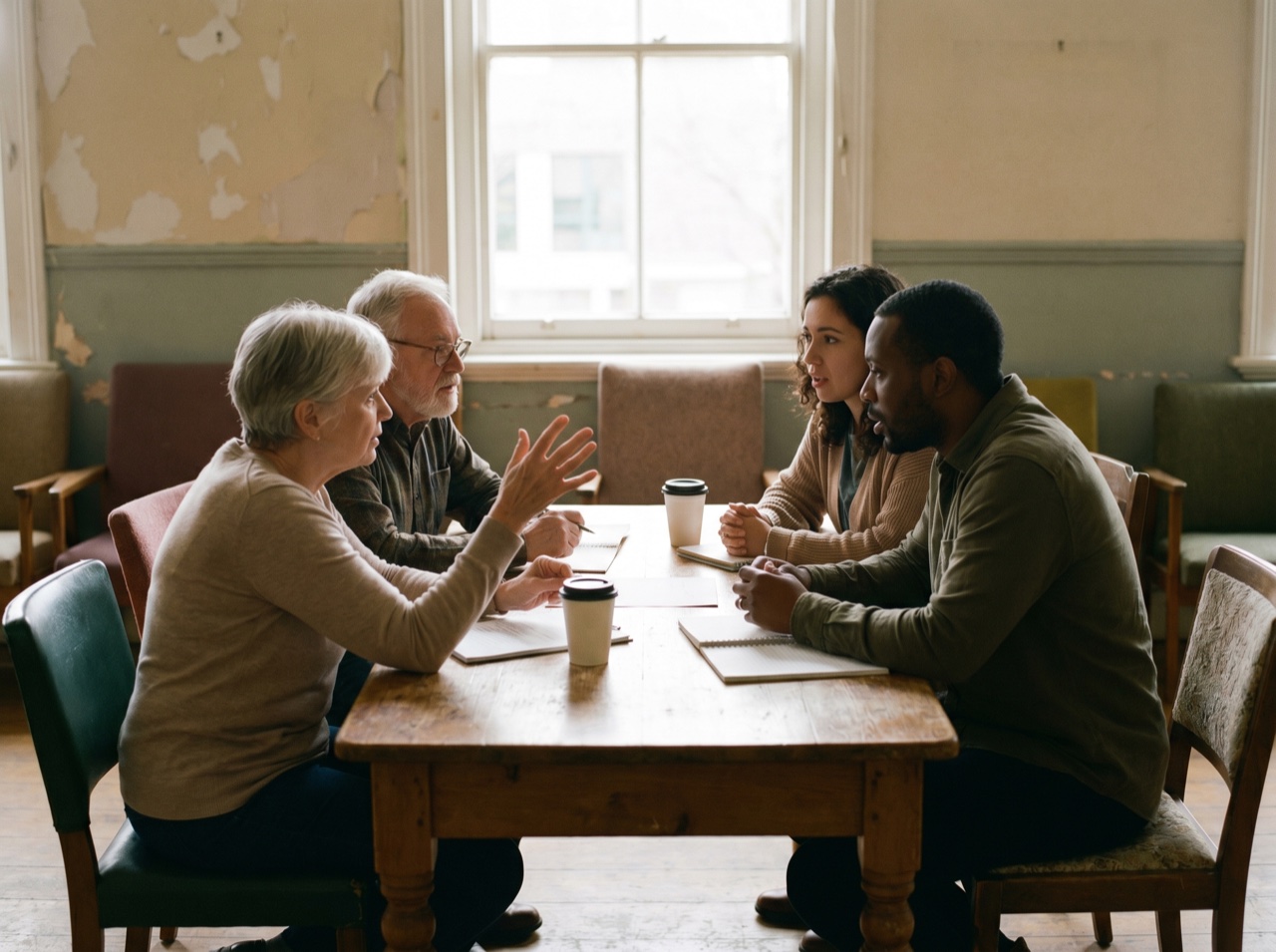 People in conversation at a community meeting