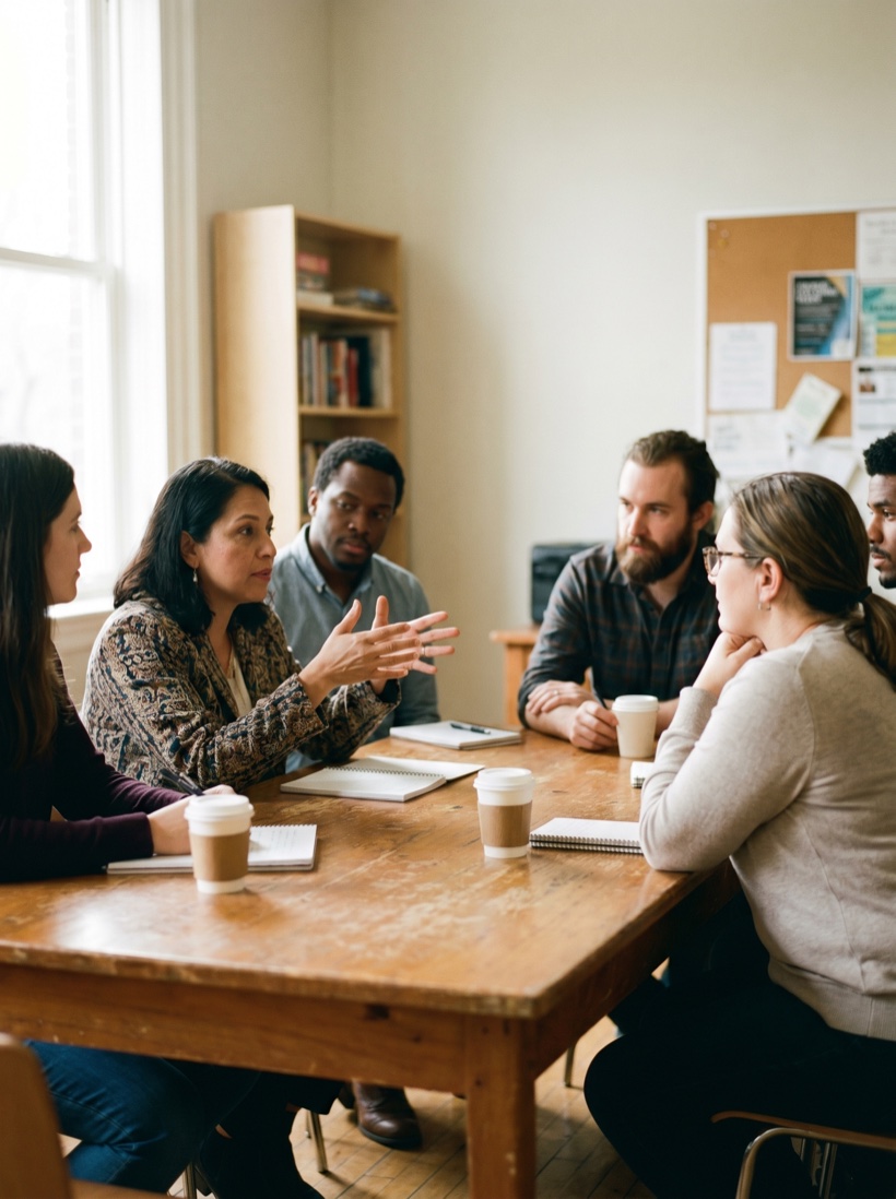 An advocate speaking with a small group