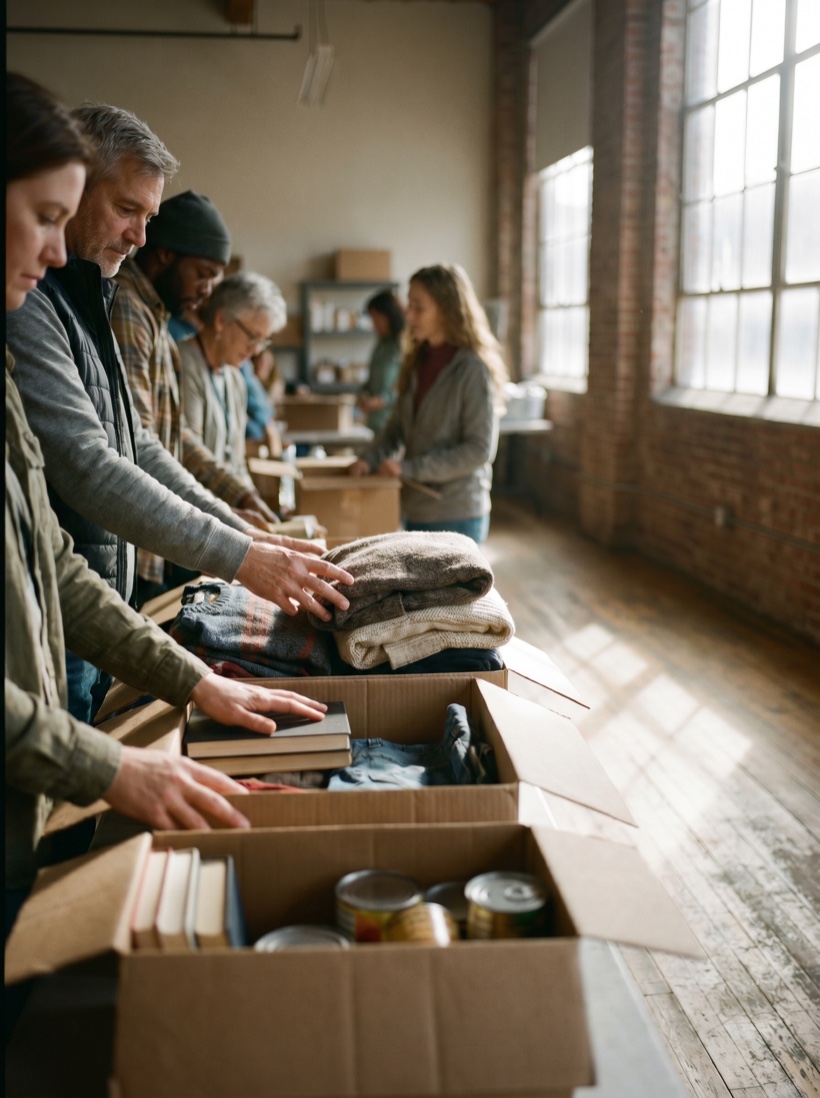 Volunteers sorting donations together in warm light