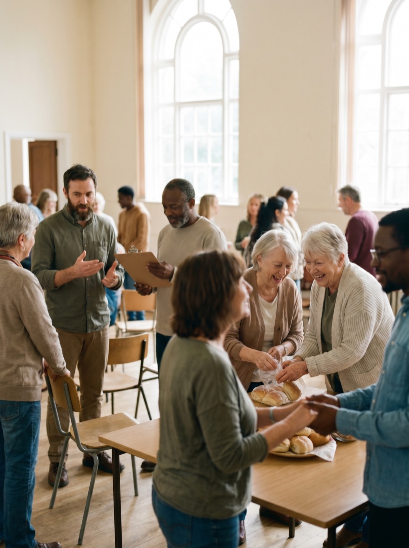 A warm congregation gathering in soft light