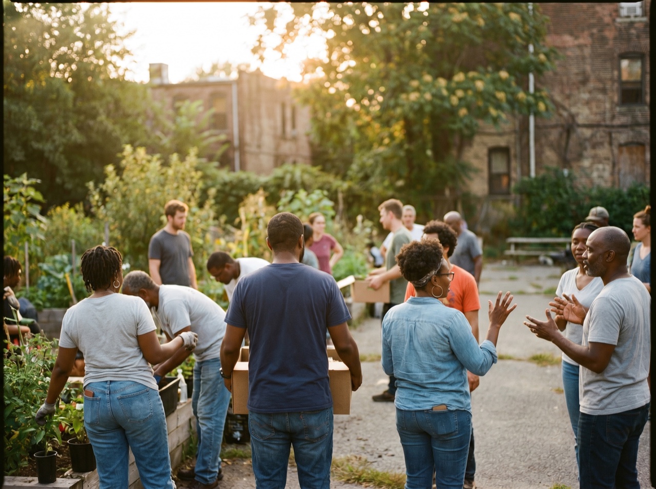 A hopeful crowd at golden hour for a cause