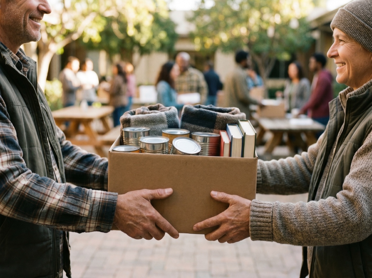 Hands passing a box of supplies