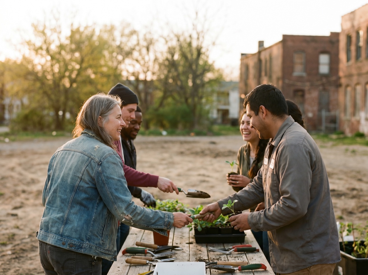 A community gathering in warm golden light
