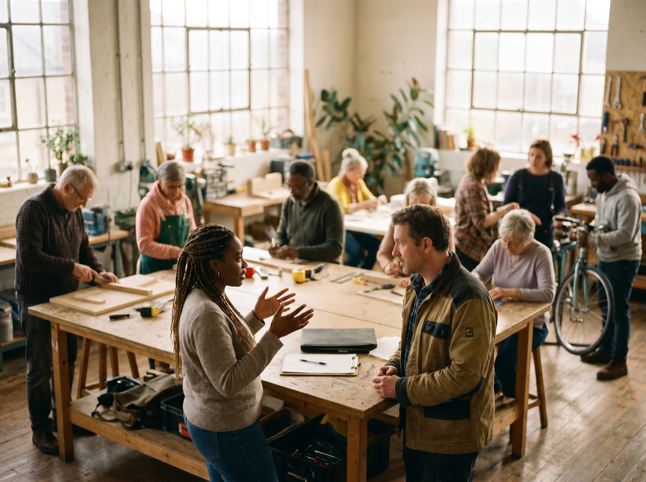 A community workshop in a bright hall