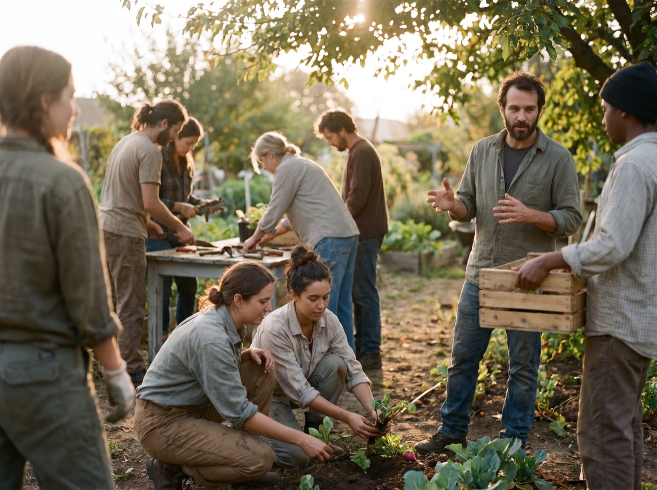 A community gathering outdoors in warm light
