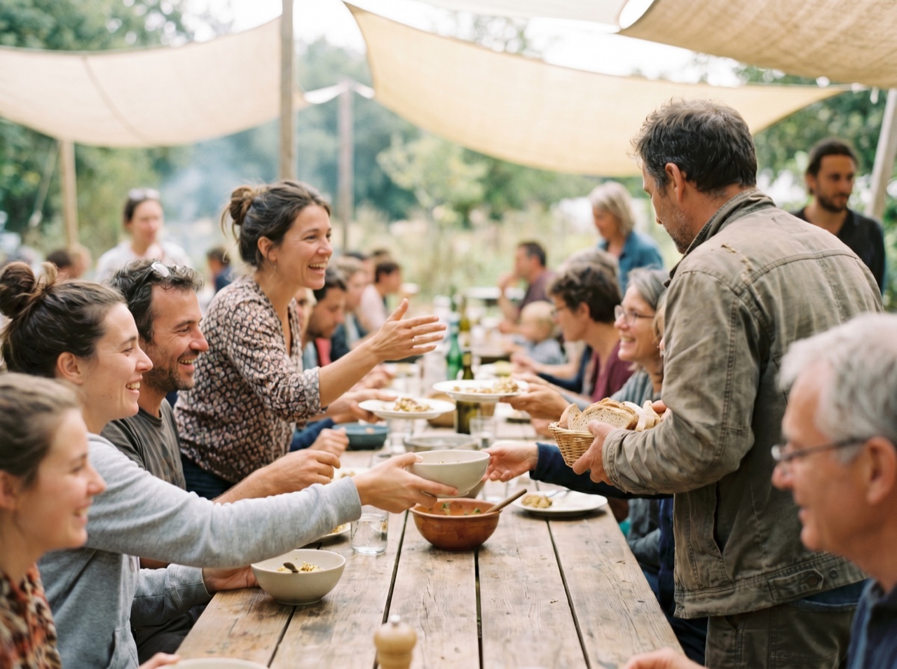 A shared community meal at a long table