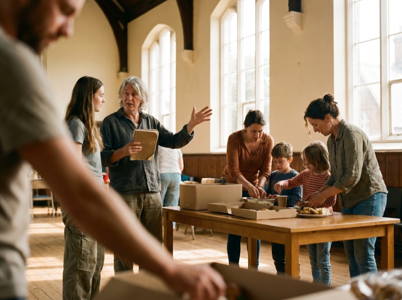 A warm gathering in a community hall