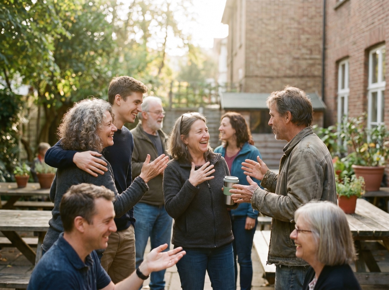 People in warm conversation after a gathering