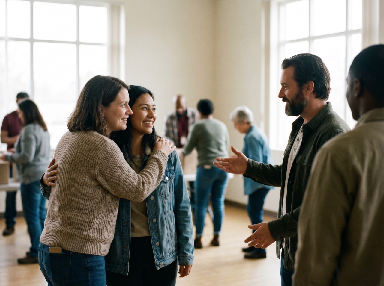 Volunteers welcoming a newcomer warmly