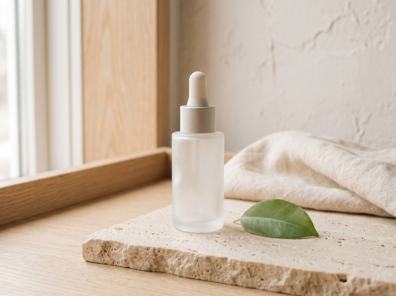 A minimal serum bottle on stone with a single leaf, soft light