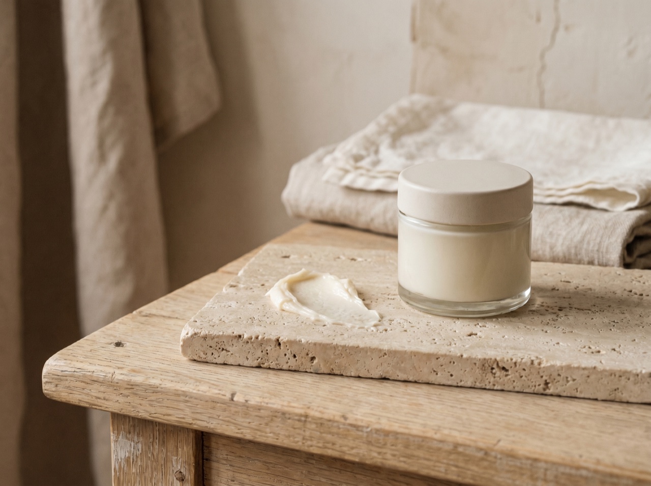 A cream texture swatch on stone beside a minimal jar in daylight