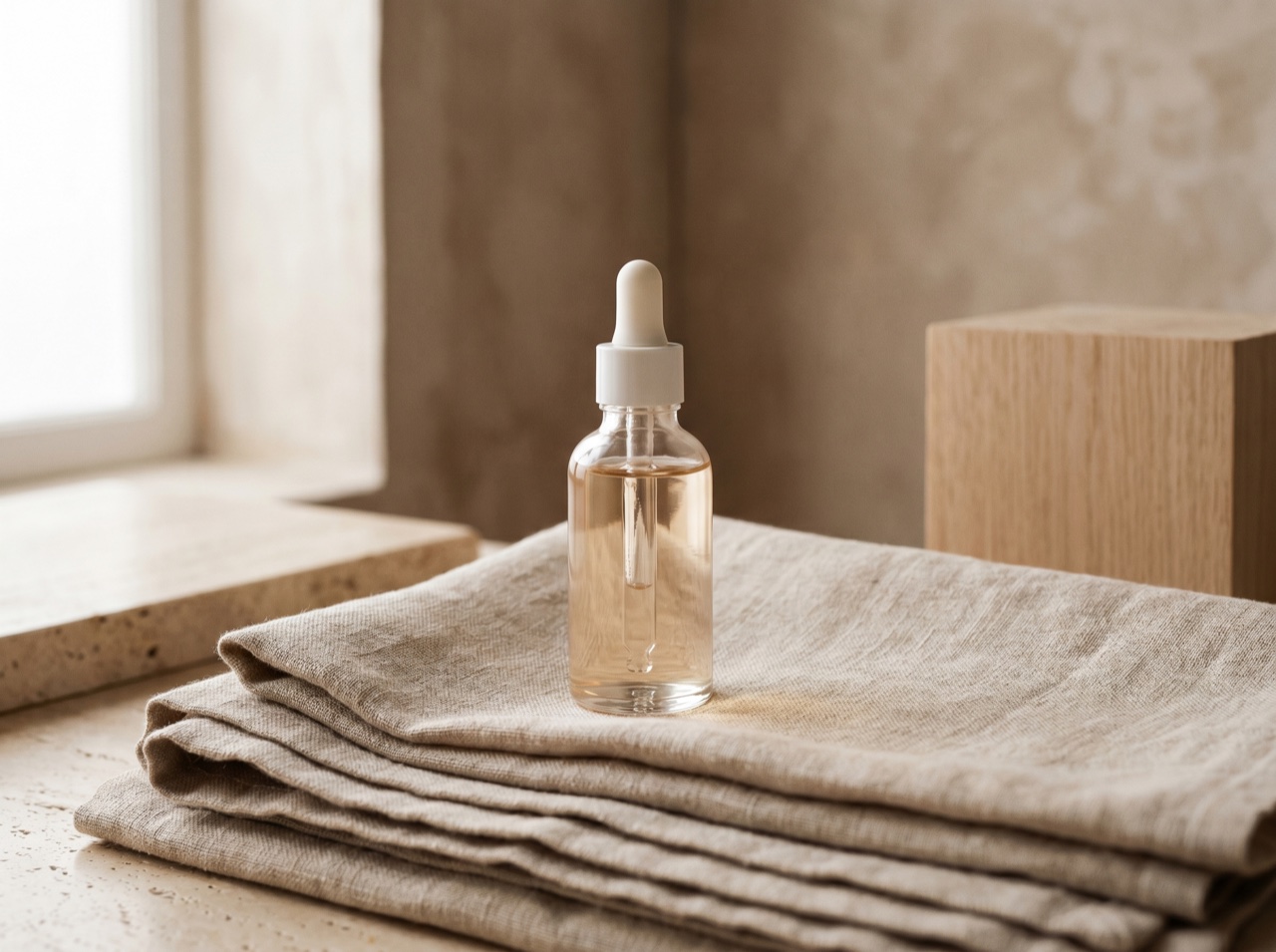 A dropper bottle resting on folded linen in soft daylight