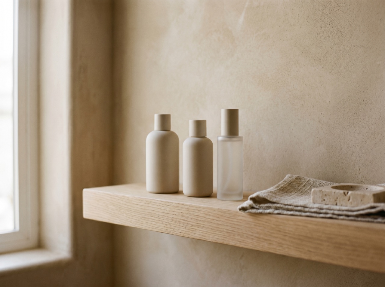 A row of minimal beauty bottles on a pale shelf in daylight