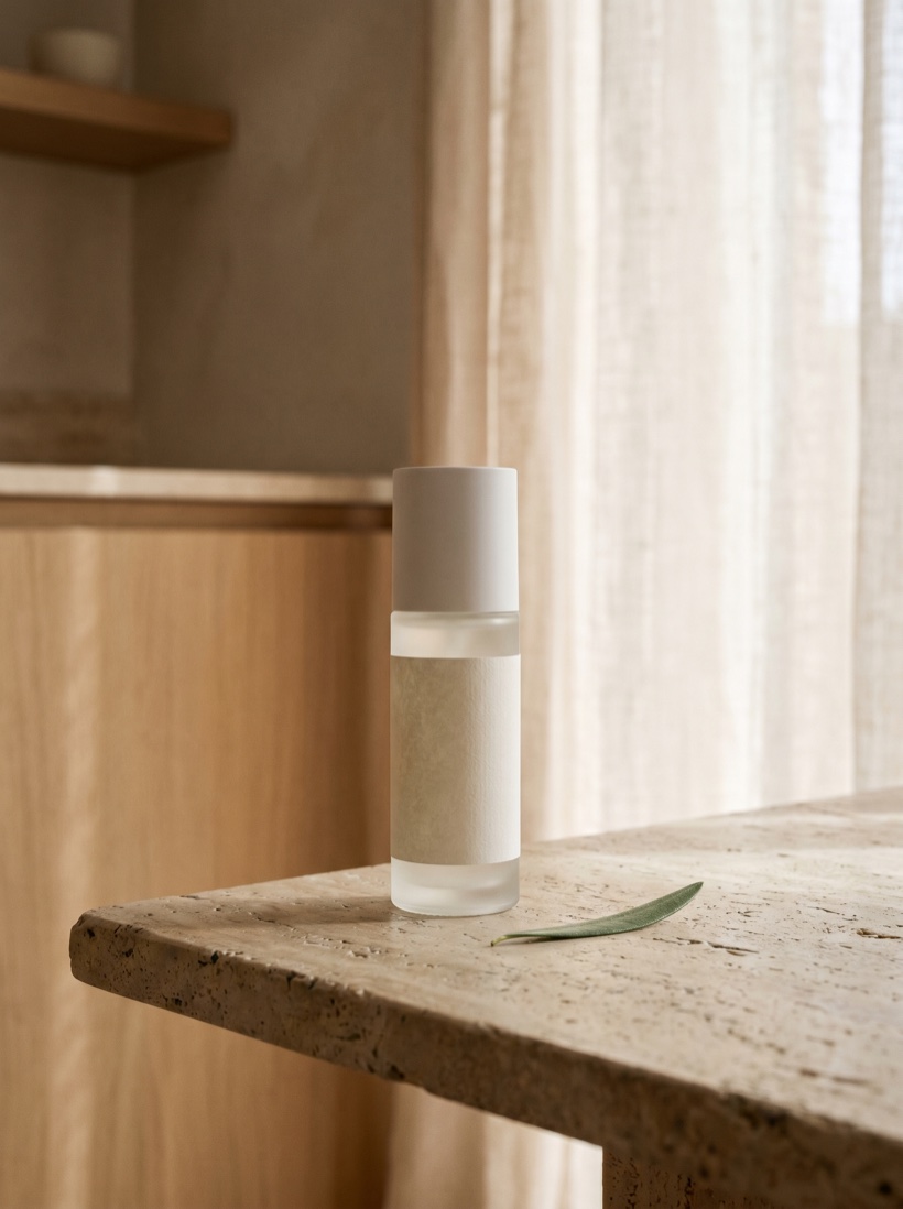 A minimal skincare bottle on warm stone in soft diffused daylight, generous negative space