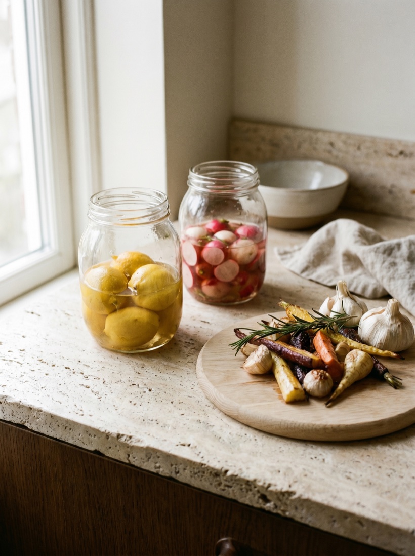 Artisan jars and a wooden board on warm stone in soft daylight, generous negative space