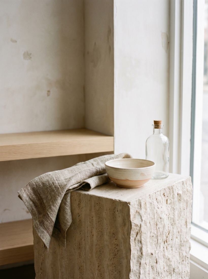 A curated arrangement of mixed premium goods on warm stone in soft daylight