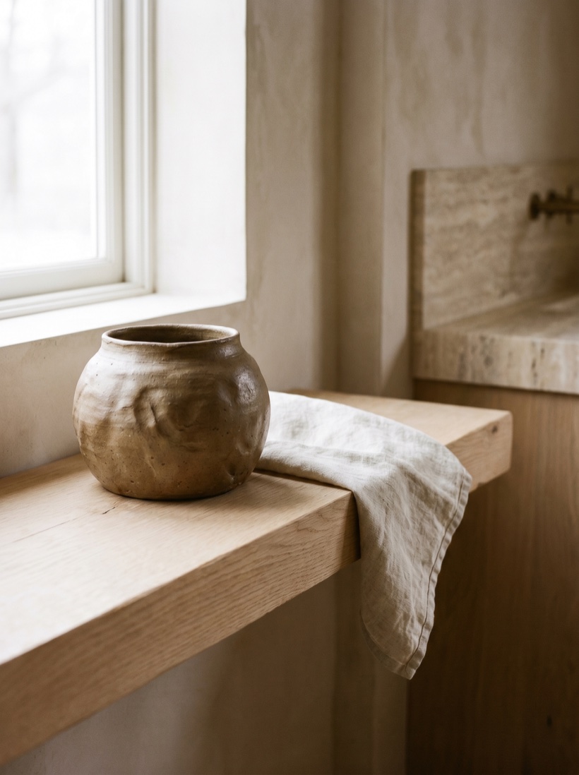 A ceramic vessel and folded linen on a pale oak surface in soft daylight