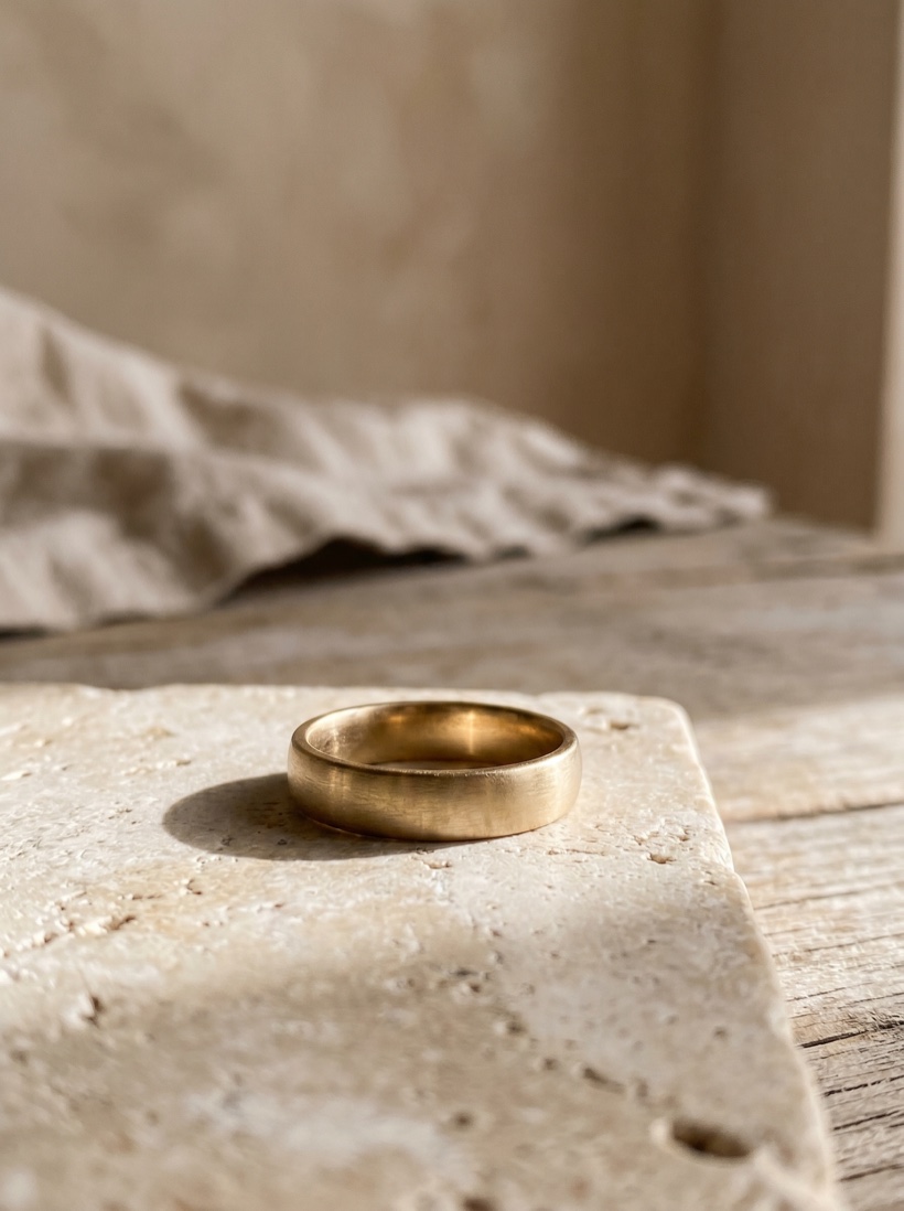 A fine ring on warm stone catching soft directional daylight, deep shadow