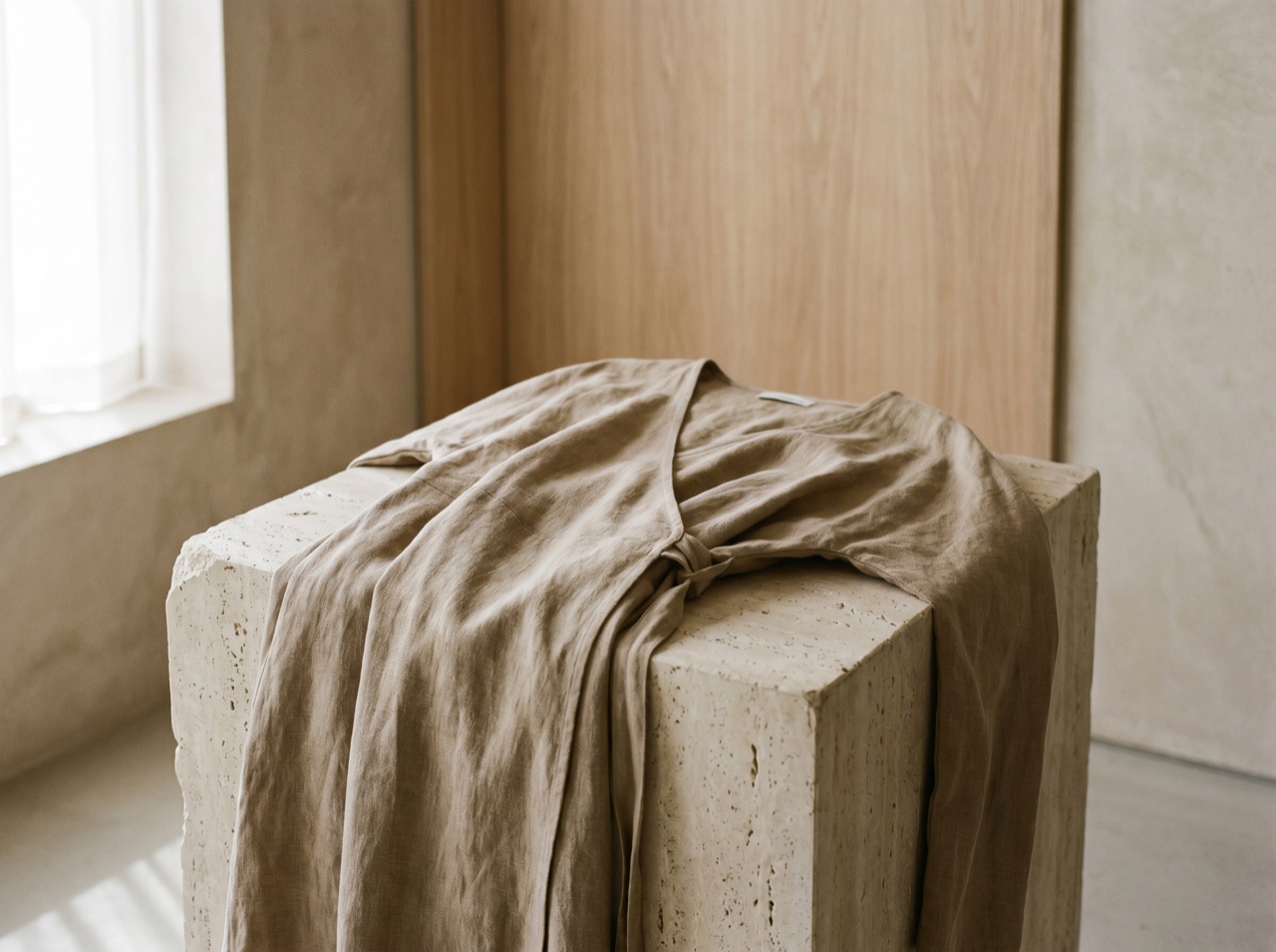 A draped garment on a stone plinth in soft editorial daylight