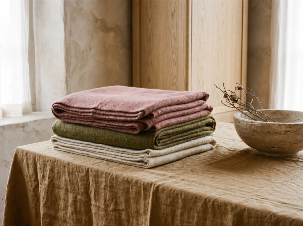 A neatly folded stack of premium textiles on warm linen