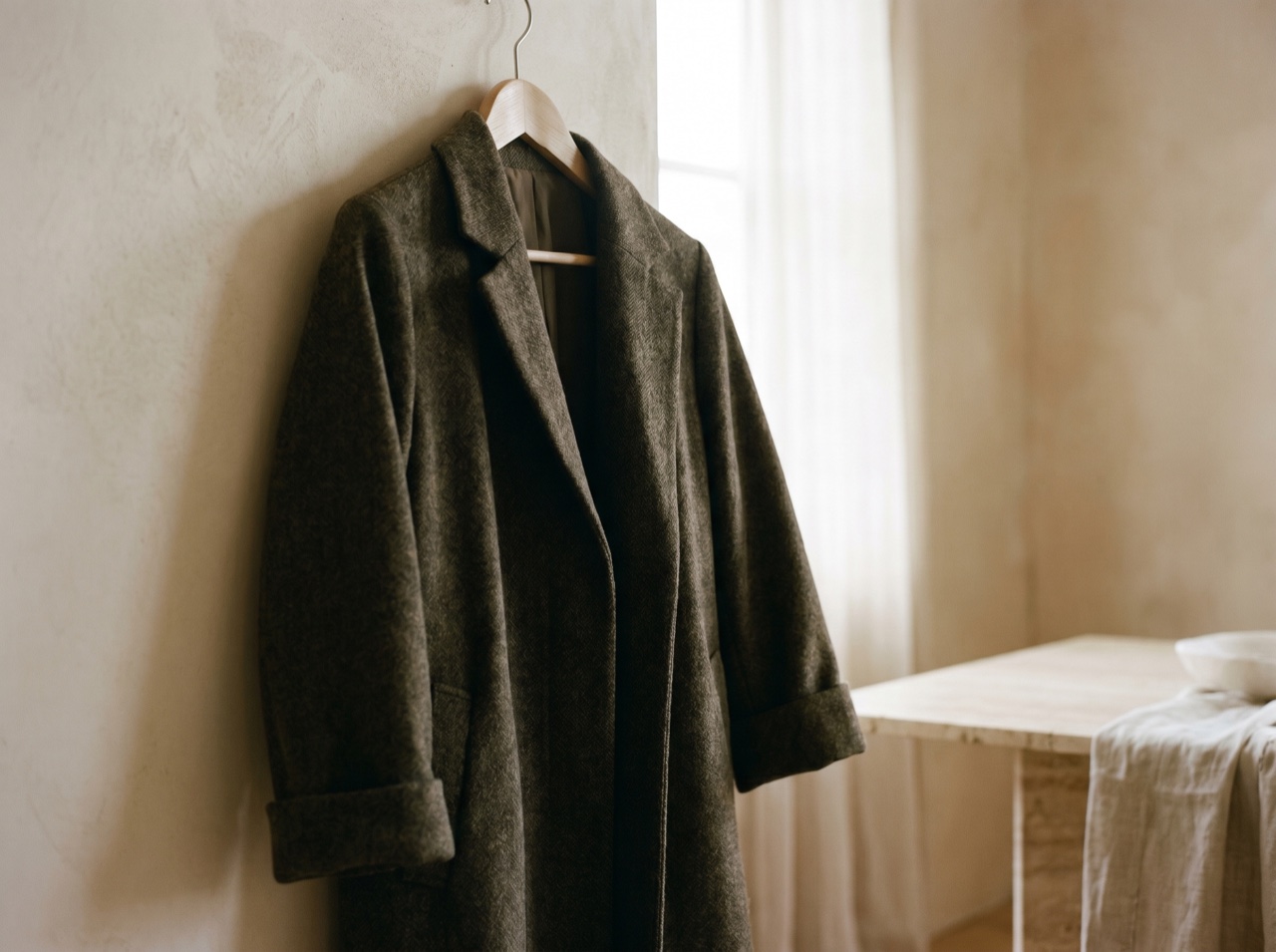A tailored coat on a wooden hanger against a pale plaster wall