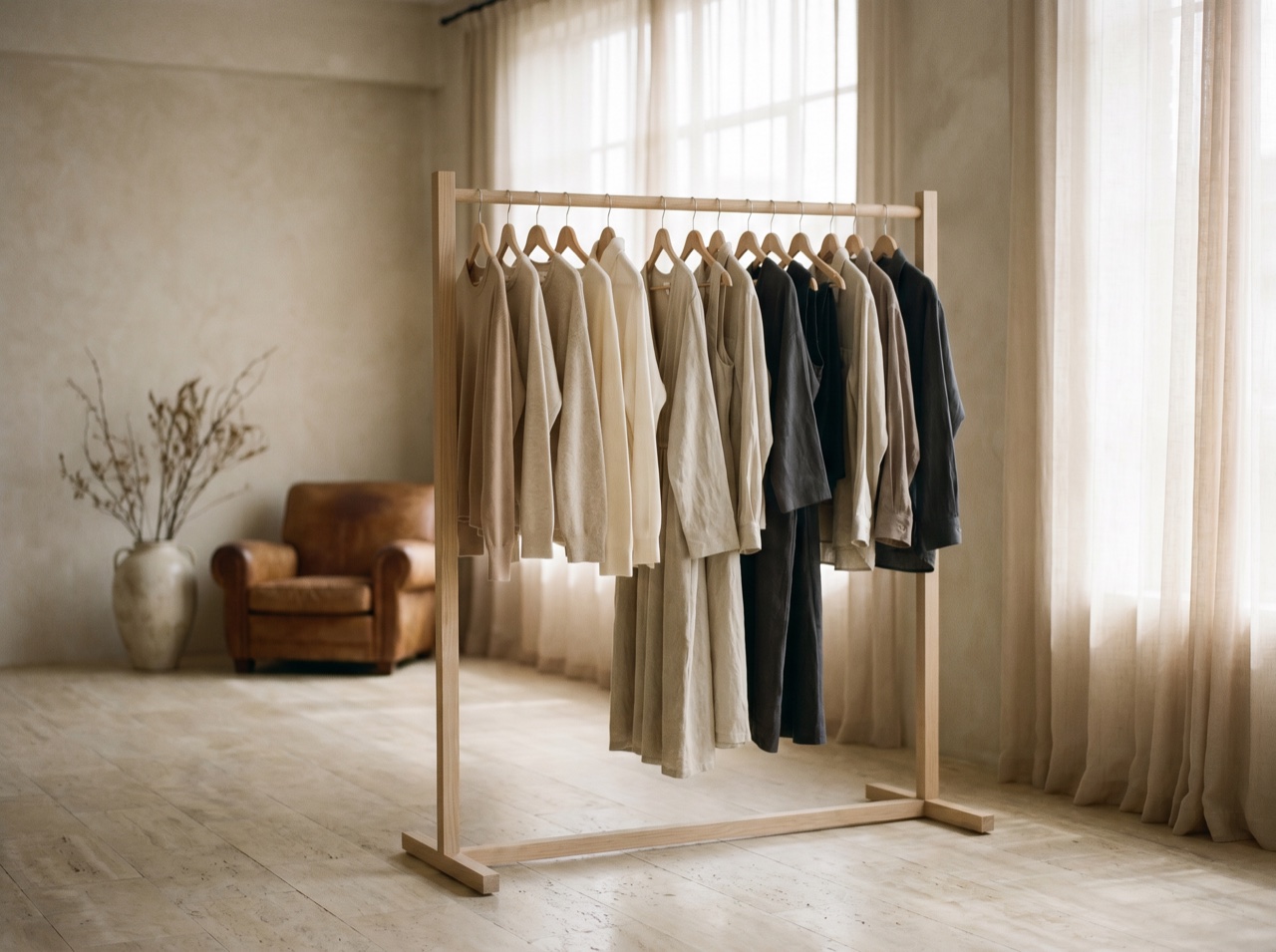 A rail of garments in muted tones in a sunlit studio